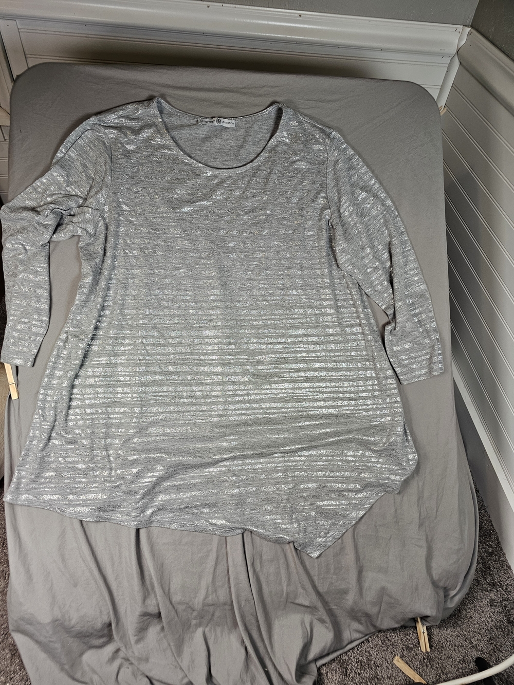 Silver Metallic Striped Scoop Neck Women's Tunic